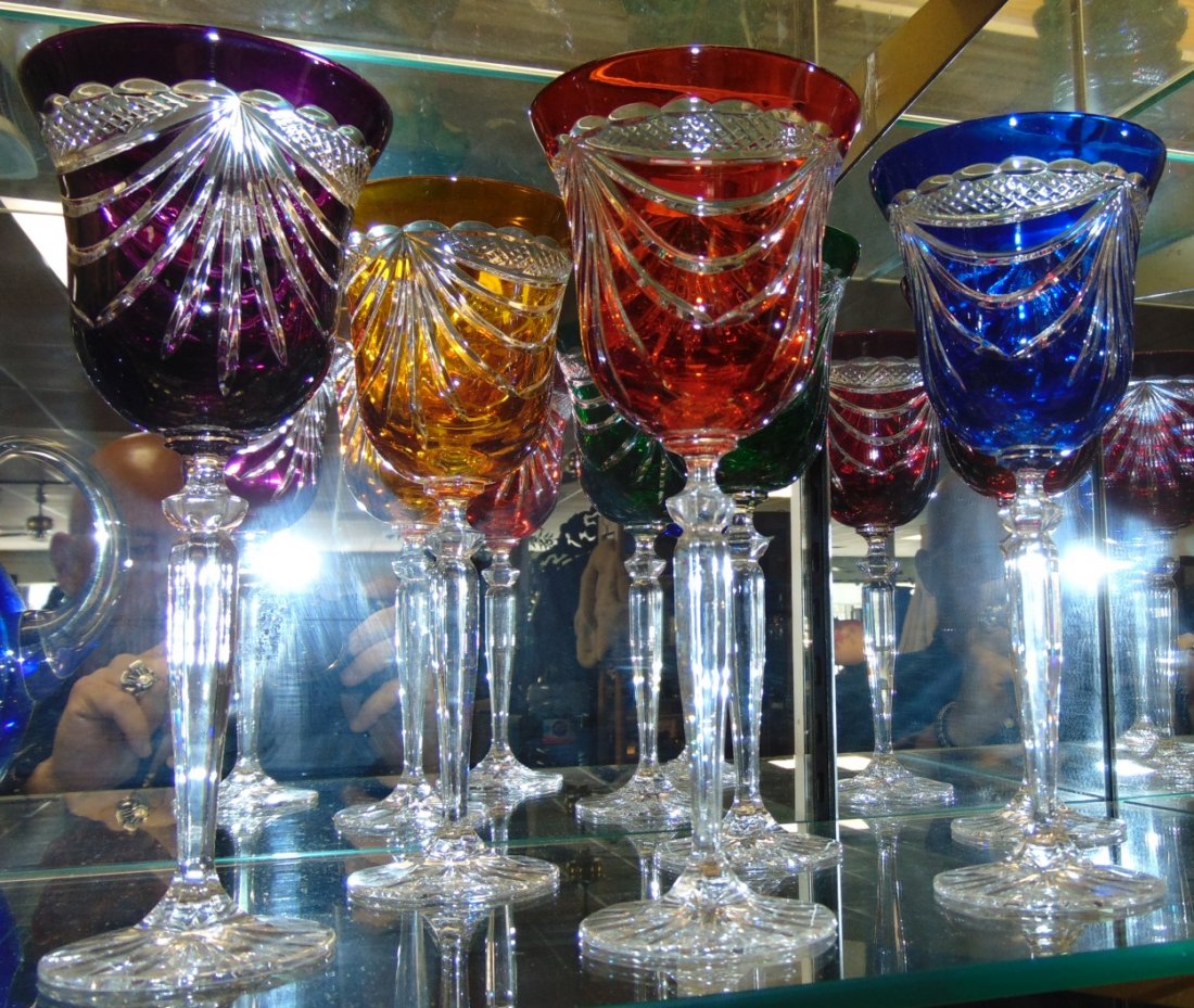 6 Multi-Color Bohemian Cut Crystal Wine Glasses: Beautiful Set of 6 Multi-Color Bohemian Cut to Clear Crystal Wine Glasses. Heavy and high quality European Leaded Crystal. Each measures 8-3/4" tall. Condition is New, Mint. No Damage. Includes Fitted