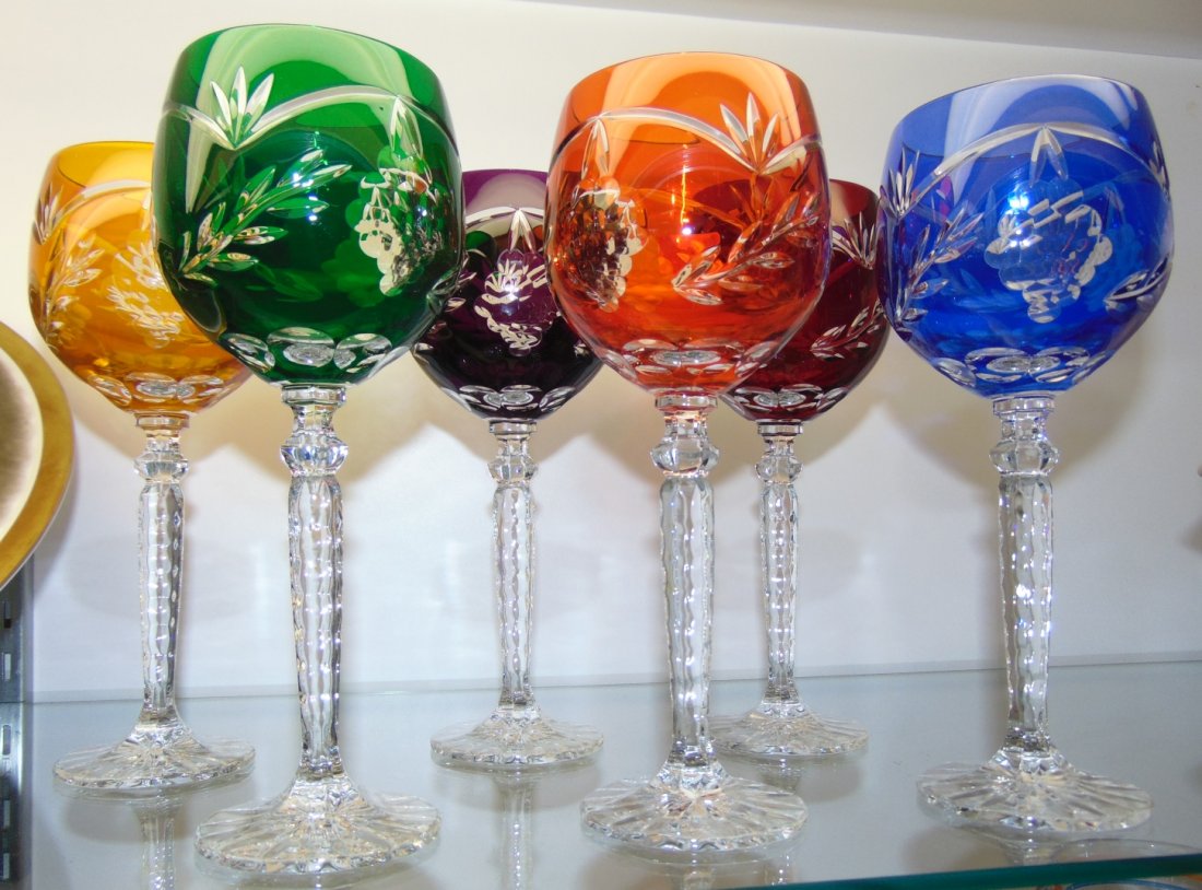 6 Multi-Color Bohemian Cut Crystal Wine Glasses: Beautiful Set of 6 Multi-Color Bohemian Cut to Clear Crystal Wine Glasses. Heavy and high quality European Leaded Crystal. Each measures 8-3/4" tall. Condition is New, Mint. No Damage. Includes Fitted
