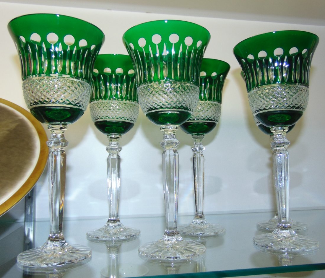 6 Green Bohemian Cut to Clear Crystal Wine Glasses: Beautiful Set of 6 Kelly Green Bohemian Cut to Clear Crystal Wine Glasses. Heavy and high quality European Leaded Crystal. Each measures 9" tall. Condition is New, Mint. No Damage. Includes Fitted and