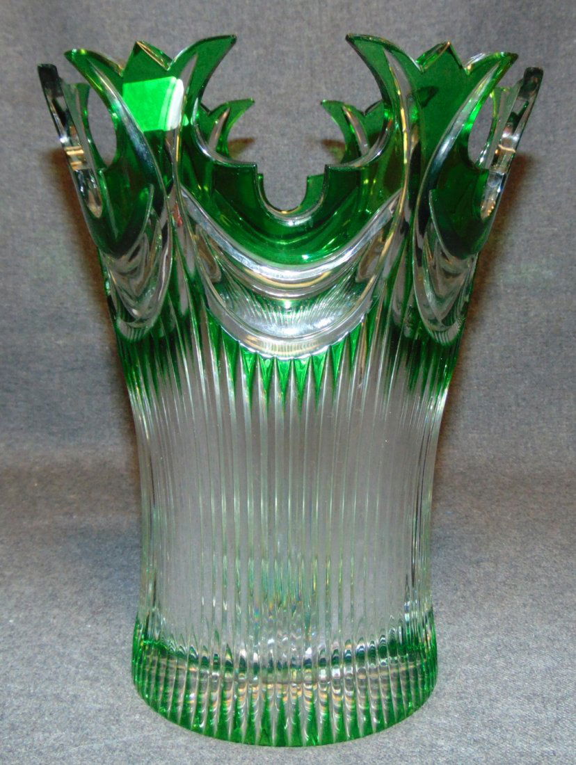 Emerald Green Bohemian Cut to Clear Crystal Vase (1 of 4)