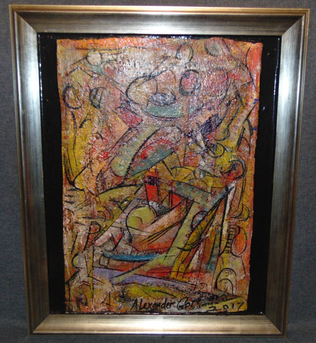 Original Contemporary Oil Painting by Alexander Gore: Original Oil Painting by Russian Artist "Alexander Gore". Titled "The big Shish and Two Birds". Artist signed and Dated 2017. Frame measures 24" tall x 20" wide. Includes Certificate of Authenticity. 