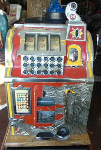 Mills 5 Cent "Lion's Head" Slot Machine: Vintage Mills 5 Cent "Lion's Head" Slot Machine. The Lion's Head machine was produced by Mills Novelty Co. in 1931-32. Measures 25" tall x 16" wide x 15" deep. Overall condition is very good. Minor we