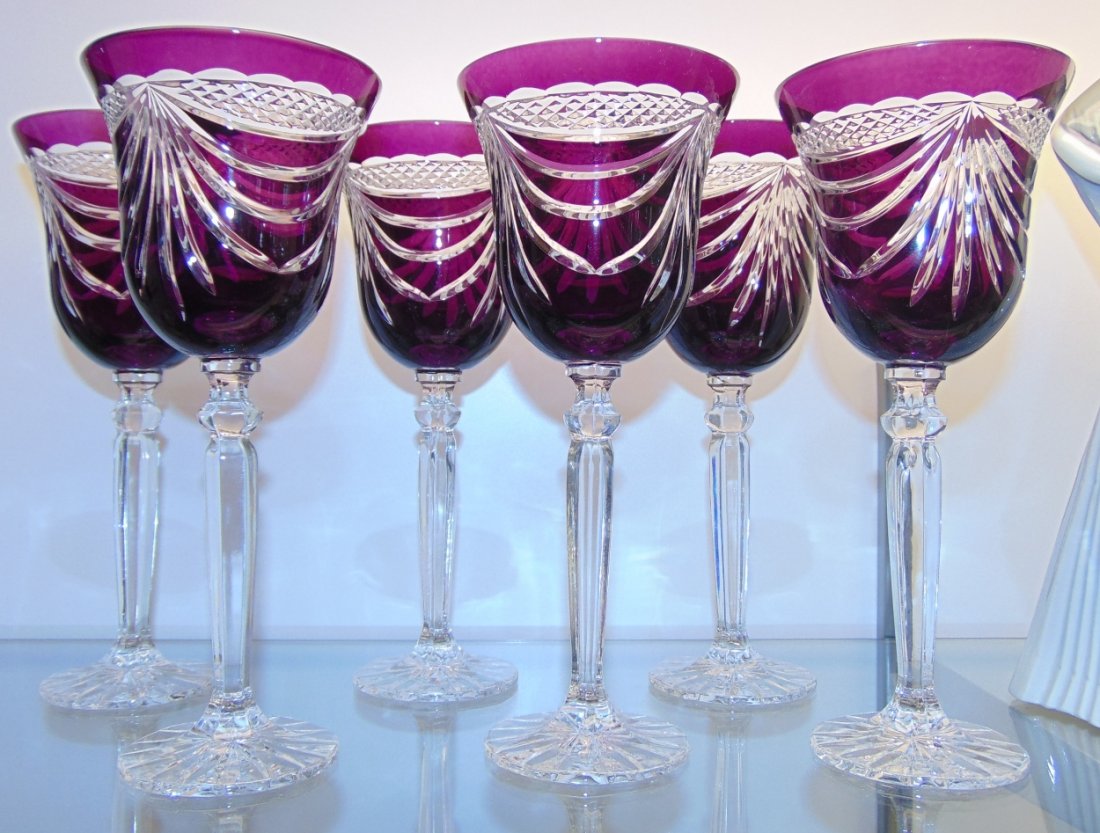 6 Amethyst Bohemian Cut to Clear Crystal Wine Glasses: Beautiful Set of 6 Amethyst Bohemian Cut to Clear Crystal Wine Glasses. Heavy and high quality European Leaded Crystal. Each measures 8-3/4" tall. Condition is New, Mint. No Damage. Includes Fitted an
