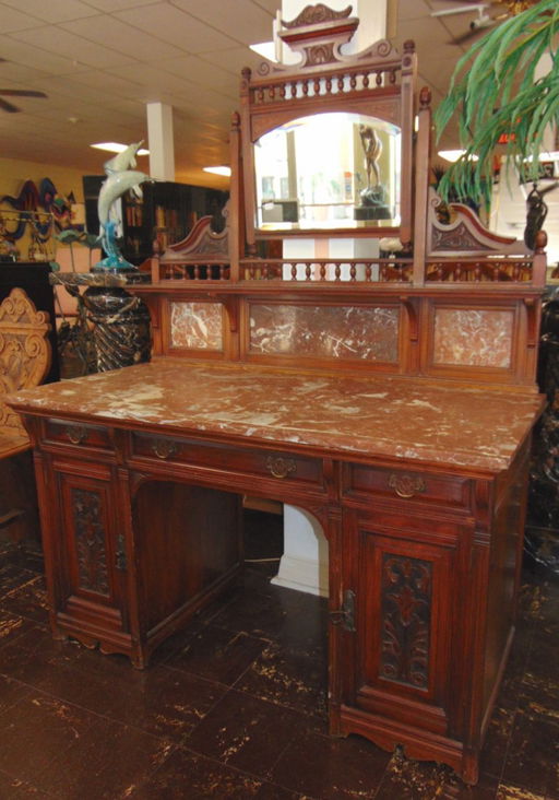 Antique Carved Walnut Marble Top Desk With Mirror
