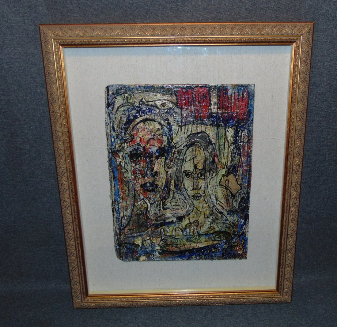 Original Contemporary Oil Painting by Alexander Gore: Original Oil Painting under glass by Russian Artist "Alexander Gore". Titled "Under the Red Rain, From Dusia to Another". Artist signed and Dated 2015. Frame measures 22-1/2" tall x 18-1/2" wide. Incl