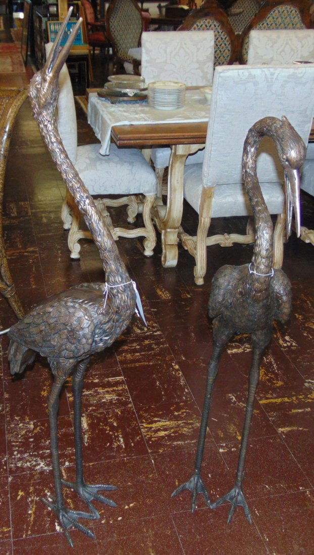 2 Bronze Fountain Sculptures of Cranes: 2 Large "Life Size" Bronze Fountain Sculptures of Cranes or Herons. High Quality with excellent detail. One Stands 54" tall and the other is 45" tall. Sculptures functions as fountains as well. Condit