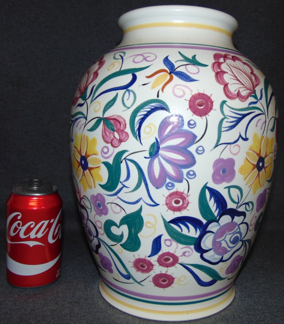 Vintage Poole Pottery Vase Janice Wellman: Large English "Poole" Pottery Vase. Circa 1950's. Stamped with Poole mark and signed Janice Wellman. Floral Design. Measures 13-1/4" tall x 10" wide. Condition is very good with minimal wear. No damag