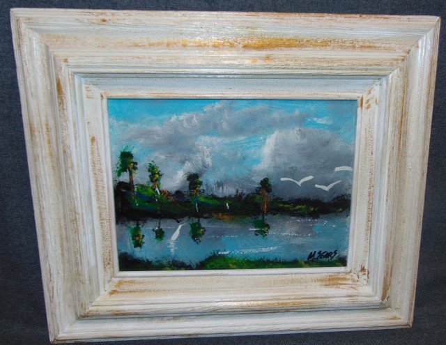 Original Florida Highwayman Painting by Michael Sears: Original, modern-day Florida Highwayman painting by contemporary artist, Micheal Sears. Large Oil on Masonite. Nicely framed. Artist Signed. Measures 16" tall x 19" wide. Condition is very good. No Da