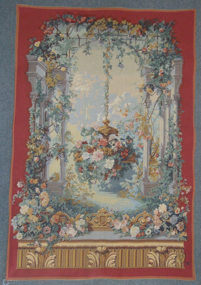 Lovely Tapisserie d' Halluin, Aubusson Style Tapestry: Lovely Tapisserie d' Halluin, Aubusson Style French Wall Tapestry. Made in France. Signed and has makers label on back including Certificate of Authenticity. Measures 57-1/2" tall x 38-1/2" wide. Cond