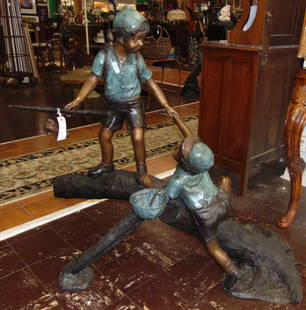 Large Bronze Boys Fishing Fountain Sculpture: Large Bronze Boys Fishing Fountain Sculpture. 2 Boys on a Log Fishing. Excellent Detail. Cast in Bronze with various shades of patina. Pre-fit for Fountain function. Bronze may be used indoor or outdo