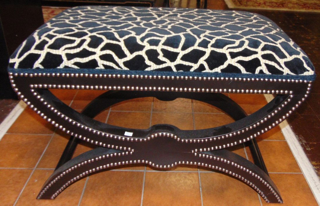 Animal Print Upholstered Bench: Giraffe Print Upholstered Bench Ottoman with decorative Nailheads. Measures 22" tall x 32" wide x 18" deep. Condition is very good with minimal wear. No damage. Several Shipping Options Available. Sta