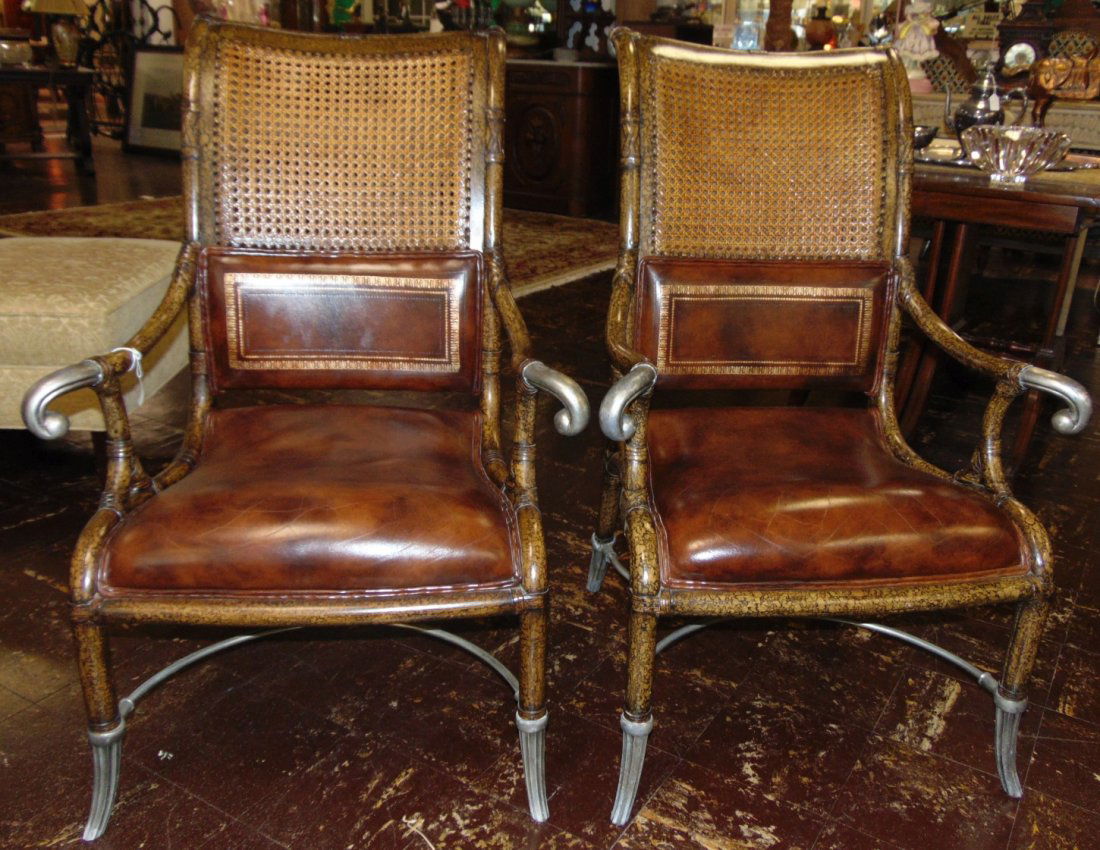 Pair (2) Cane Back & Leather Arm Chairs (1 of 7)