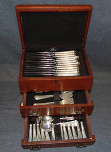 Gorham "Fairfax" Sterling Silver Flatware Set: Gorham "Fairfax" Sterling Silver Flatware Set. 73 pieces. Aprox 65 oz. of Sterling Silver. Box included. Set consists of 12 Forks, 12 Salad Forks, 12 Knives, 12 Tea Spoons, 12 Soup spoons, 12 Butter K