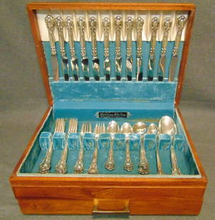 Gorham "Chantilly" Sterling Silver Flatware Set: Gorham "Chantilly" Sterling Silver Flatware Set. 56 pieces. Aprox 59 oz. of Sterling Silver. Box included. Set consists of 12 Forks, 8 Salad Forks, 12 Knives, 12 Spoons, 6 Soup spoons, 4 Iced Tea Spoo