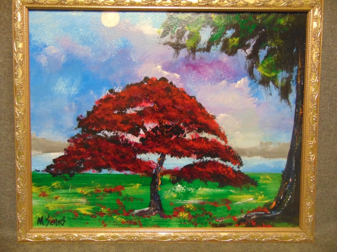 Original Florida Highwayman Painting by Michael Sears: Original, modern-day Florida Highwayman painting by contemporary artist, Micheal Sears. Large Oil on Masonite. Nicely framed. Artist Signed. Measures 17-3/4" tall x 21-1/2" wide. Condition is very goo