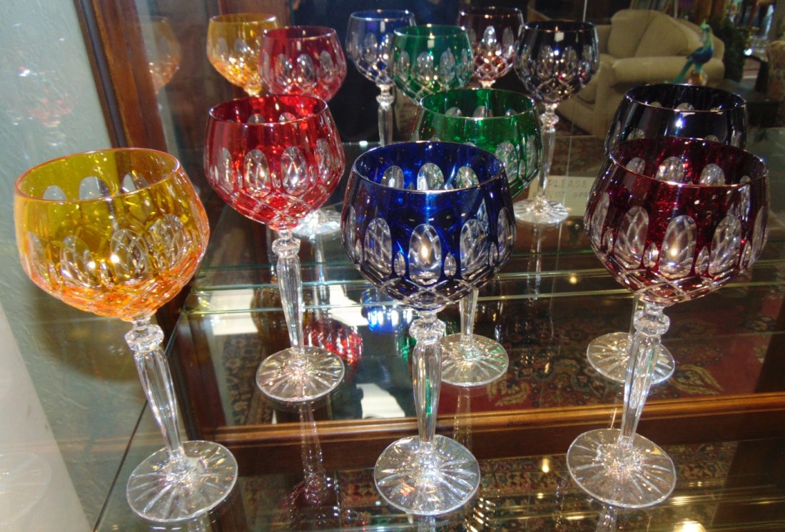 6 Multi-Color Cut to Clear Crystal Wine Glasses: Beautiful Set of 6 Multi-Color Bohemian Cut to Clear Crystal Wine Glasses. Heavy and high quality European Leaded Crystal. Each measures 8-1/4" tall. Condition is New, Mint. No Damage. Includes Fitted