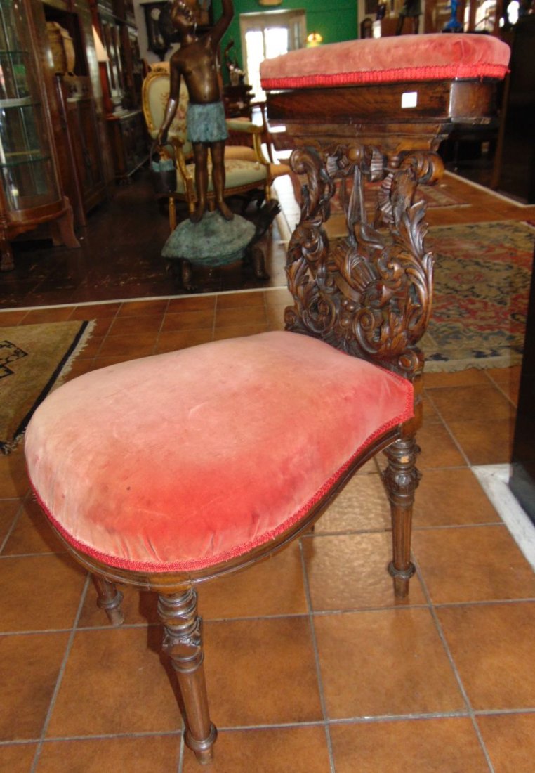 Antique Carved Walnut Prie Dieu Prayer Chair: Unusual & Rare, Antique Carved Walnut "Prie Dieu" Prayer Chair with Red Velvet Upholstery. Circa 1880's. Heavily carved. Padded back rest opens up to reveal compartment. Stands 34" tall x 18" wide x 2