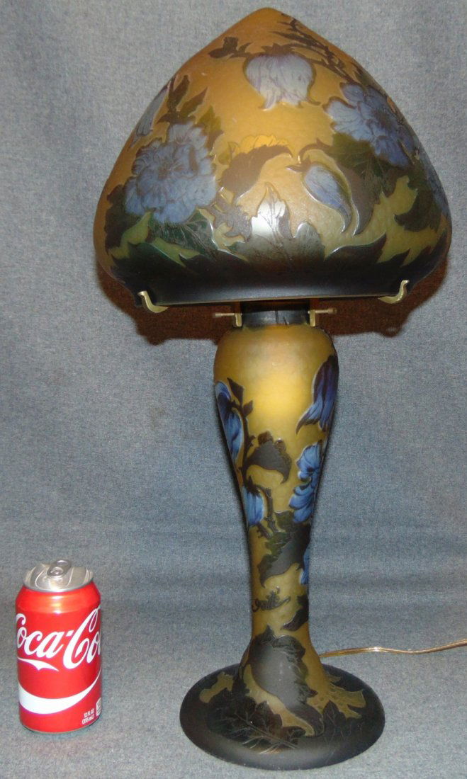 Galle Style Cameo Glass Table Lamp: Beautiful Galle Style Cameo Glass Table Lamp. Measures 22" tall x 11" wide. Signed Galle. Condition is Excellent. No Damage. Several Shipping Options Available. Starting Bid $500. Auction Estimate $55