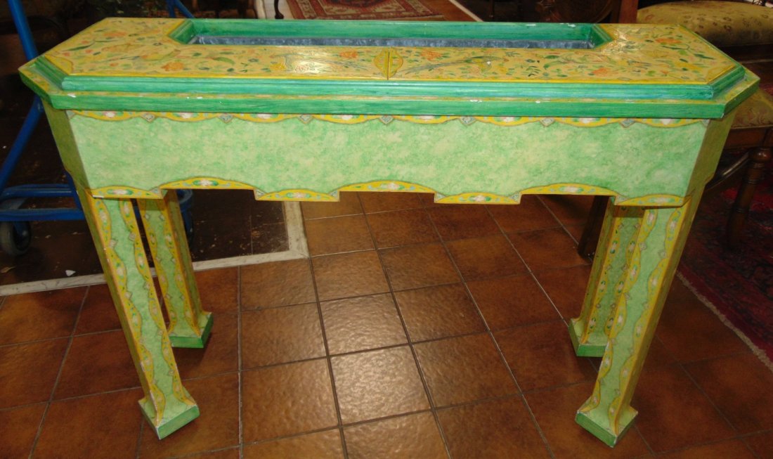 Vintage Console Planter Table Joan McMurray: Rare, Custom Made Console Planter Table by artist Joan McMurray. Circa 1978. Artist Signed. Vibrant yellow and light green planters table on rollers. Measures 31" tall x 43" wide x 14" deep. Overall c