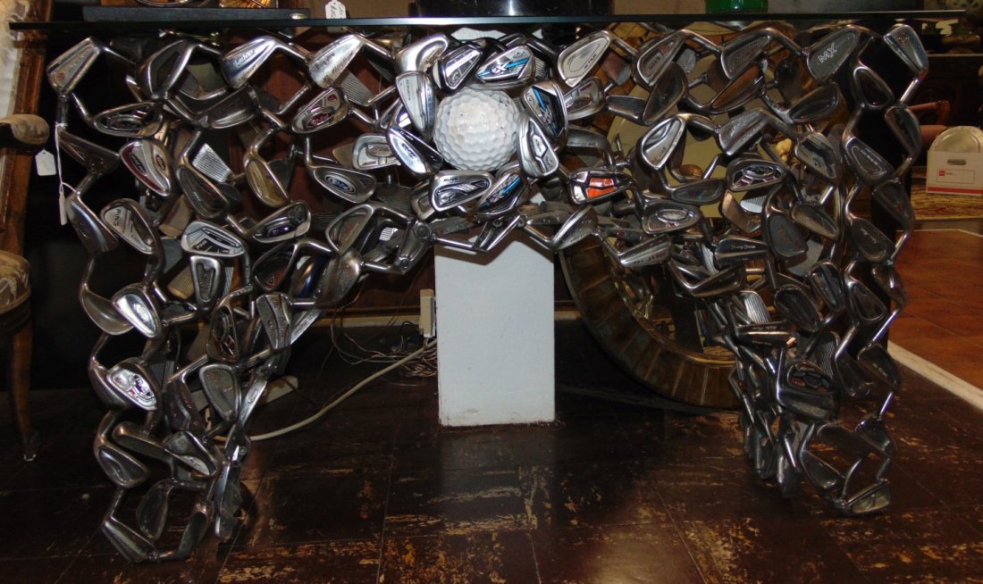 Custom Made Golf Club Console Table by Jeff Diamond: Custom Made Golf Club Console Table with Glass Top by Florida artist Jeff Diamond. Truly functional sculpture, this piece joins fine art with the art of golf by repurposing golf clubs into a striking