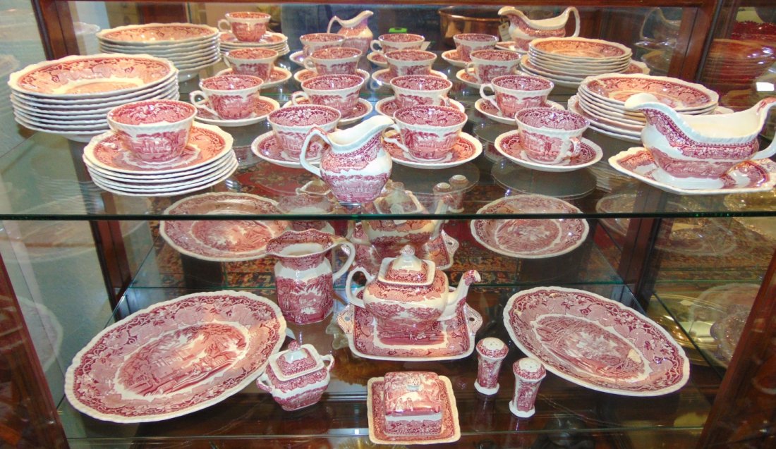 49 pieces Mason's English Red Transferware Dish Set: Large Collection of Vintage "Mason's" English Red & White Transferware Dishes. 49 pieces. Vista Pattern. Overall condition is very good. Some ware. Several Shipping Options Available. Starting Bid $50