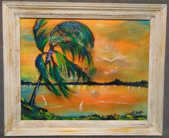Original Florida Highwayman Painting by Michael Sears: Original, modern-day Florida Highwayman painting by contemporary artist, Micheal Sears. Large Oil on Masonite. Nicely framed. Artist Signed. Measures 20" tall x 24" wide. Condition is very good. No Da