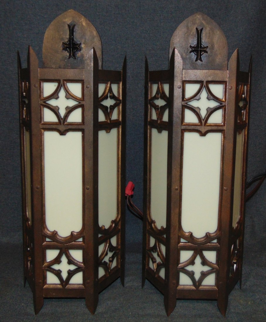 Pair (2) of Gothic Church Wall Sconces: Pair (2) of Gothic Church Wall Sconces. Brass and Glass. Measures 22" tall x 8" wide x 4-1/2" deep. Condition is good with minimal wear. No damage. 2 Bulbs. Working Condition. Several Shipping Options