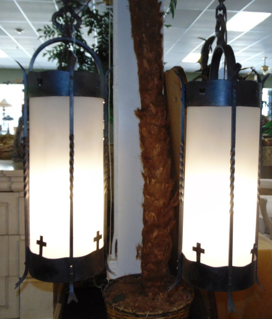 Pair (2) of Wrought Iron Gothic Hanging Light Fixtures: Vintage Pair (2) of Wrought Iron Gothic Style Hanging Light Fixtures. Possibly from a church. Each Measures 31" tall x 11" wide. Condition is very good with minimal wear. No damage. Several Shipping O