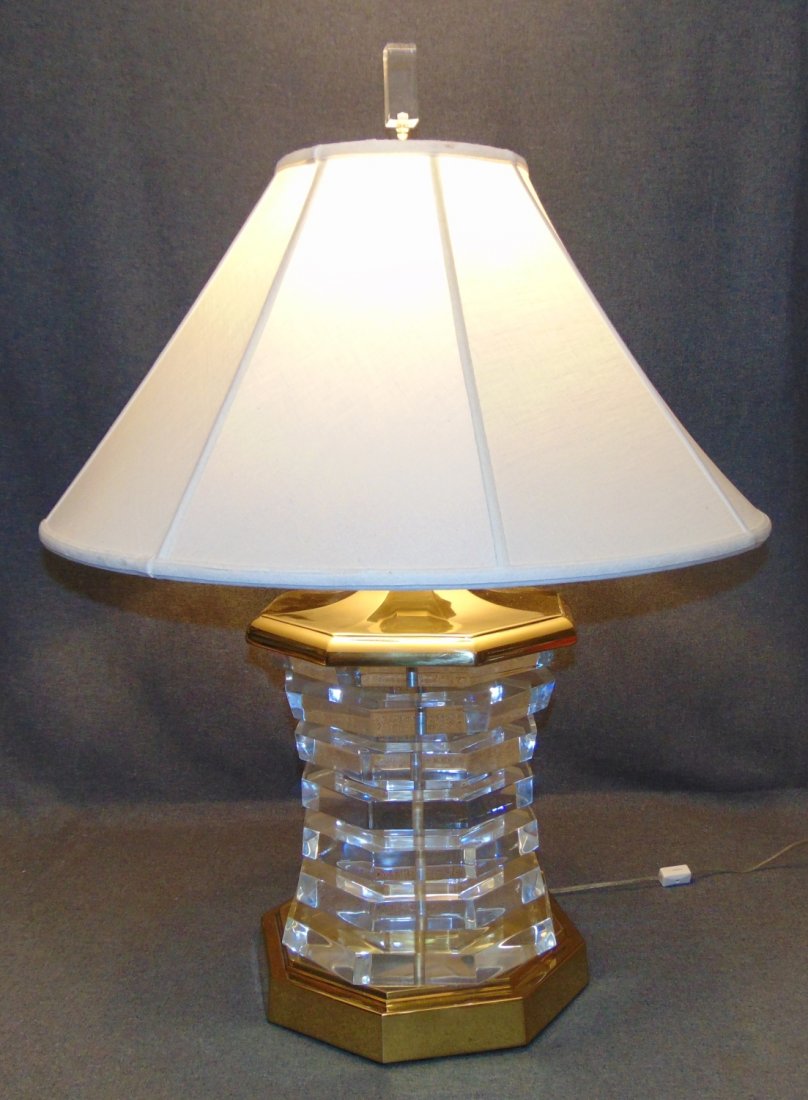 Contemporary Lucite & Brass Table Lamp: Contemporary Lucite & Brass Table Lamp with shade. Measures 33" tall x 24" wide. Condition is good. No damage. Several Shipping Options Available.