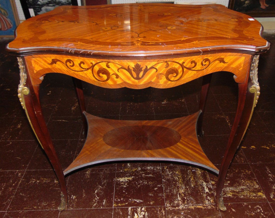 Antique French Inlaid Side Table: Antique French Inlaid Side Table with Bronze mounts. Measures 29-1/4" tall x 33" wide x 23-1/3" deep. Overall condition is good with minor wear. Several Shipping Options Available.