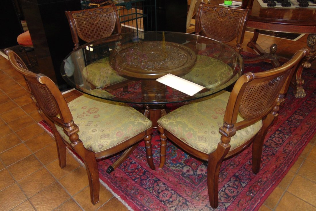 Glass Top Table & 4 Arm Chairs: Glass Top Table & 4 Arm Chairs. Round Table measures 30" tall x 48" wide. Overall condition is good. Wear consistent with age and use. Several Shipping Options Available.