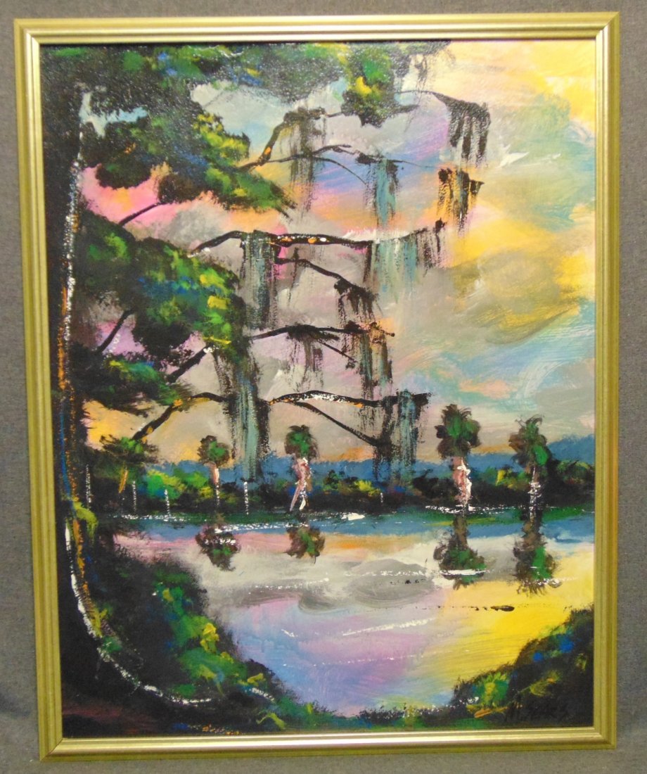 Original Florida Highwayman Painting by Michael Sears: Original, modern-day Florida Highwayman painting by contemporary artist, Micheal Sears. Large Oil on Masonite. Nicely framed. Artist Signed. Measures 30" tall x 24" wide. Condition is very good. No Da