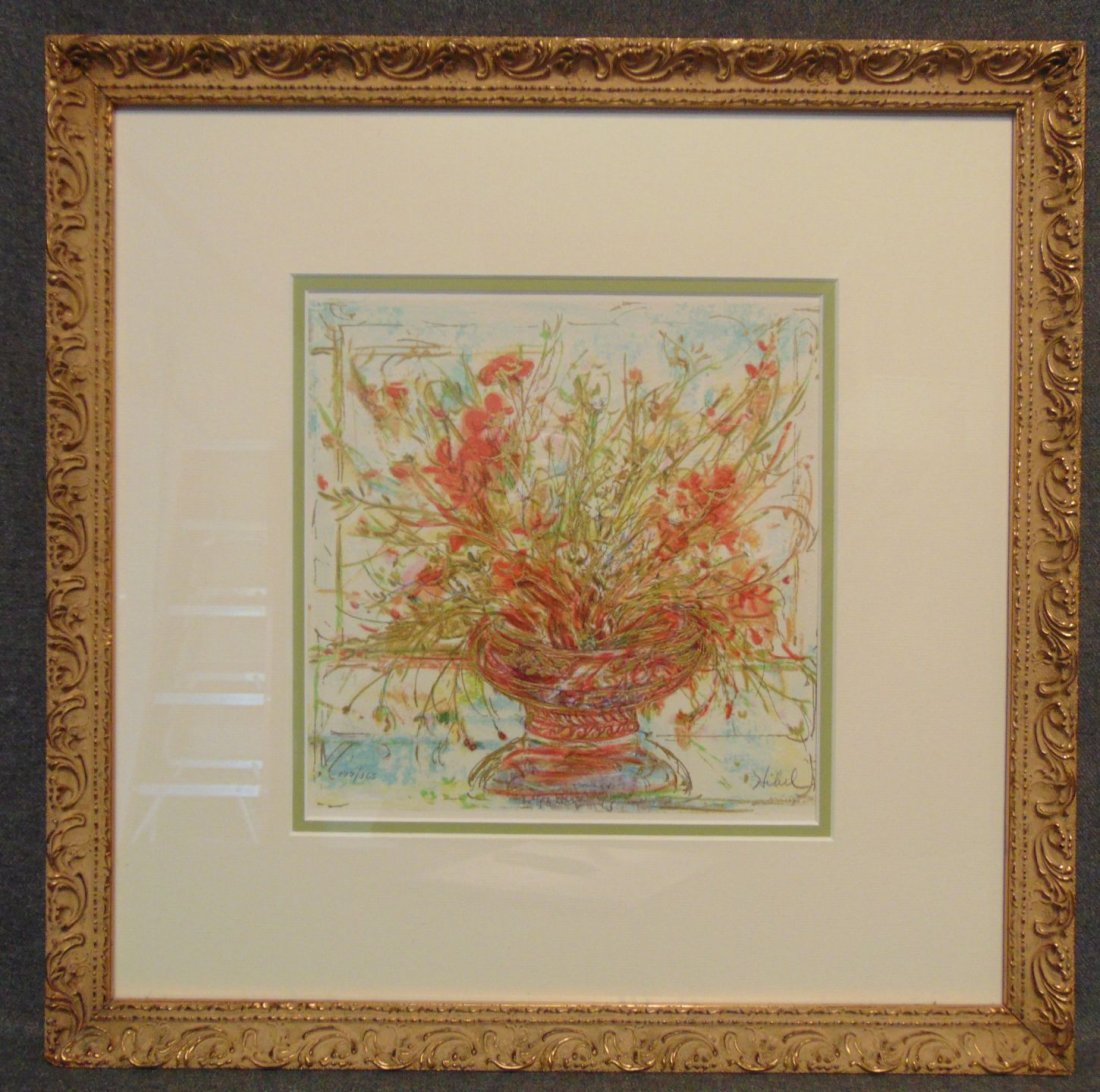 Edna Hibel (1917-2014) Signed Lithograph: Beautiful Floral Lithograph by Edna Hibel. Framed and Matted. Artist Signed and Limited Edition #177 of 365. Edna Hibel, a painter of sentimental pictures of children, has had a more than 60-year care