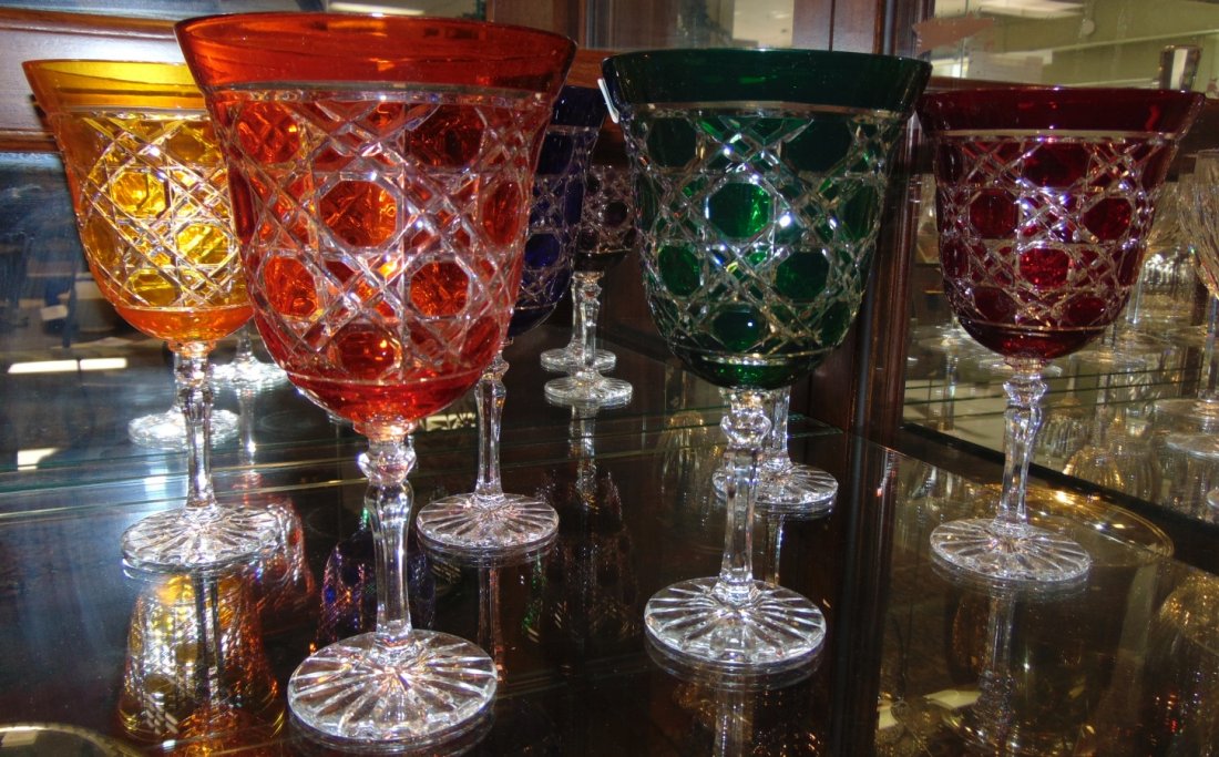 6 Multi-Color Bohemian Cut Crystal Wine Glasses: Beautiful Set of 6 Multi-Color Bohemian Cut to Clear Crystal Wine Glasses. Heavy and high quality European Leaded Crystal. Each measures 8" tall x 4-1/4" wide at rim. Condition is New, Mint. No Damage