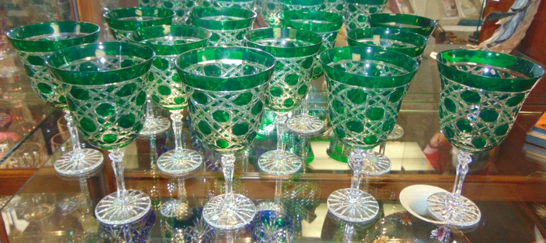 12 Emerald Green Bohemian Cut Crystal Wine Glasses: Beautiful Set of 12 Emerald Green Bohemian Cut Crystal Wine Glasses. Heavy and high quality European Leaded Crystal. Each measures 8" tall. Condition is New, Mint. No Damage. Includes Original Fitted 