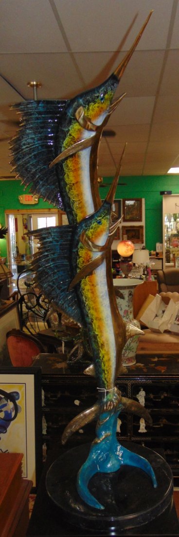 Huge Bronze Double Sailfish Sculpture on Marble Base: Magnificent and Large Bronze Double Sailfish Sculpture on a Black Marble Base. Bronze measures 54-1/2" tall. Black Marble Base is 17" Round and 1-1/2" thick. Artist Signed and Numbered 23 of 50. Condi