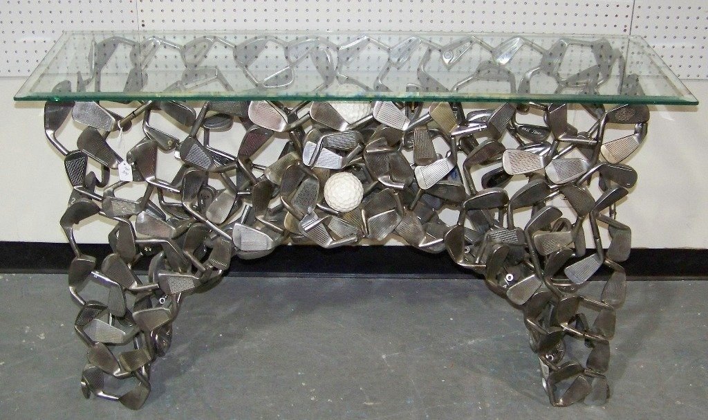 Custom Made Golf Club Console Table by Jeff Diamond: Custom Made Golf Club Console Table with Glass Top by Florida artist Jeff Diamond. Truly functional sculpture, this piece joins fine art with the art of golf by repurposing golf clubs into a striking