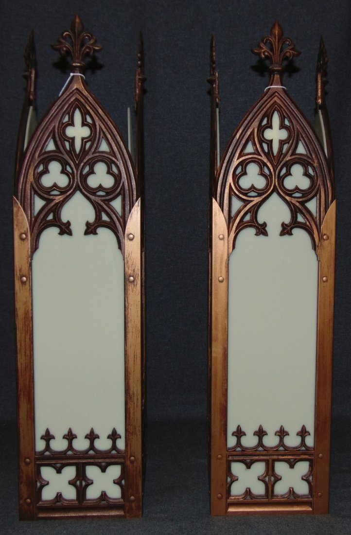 Pair (2) of Gothic Church Wall Sconces: Pair (2) of Gothic Church Wall Sconces. Brass and Glass. Measures 24" tall x 6" wide x 6" deep. Condition is good with minimal wear. No damage. 2 Bulbs. Working Condition. Several Shipping Options Ava