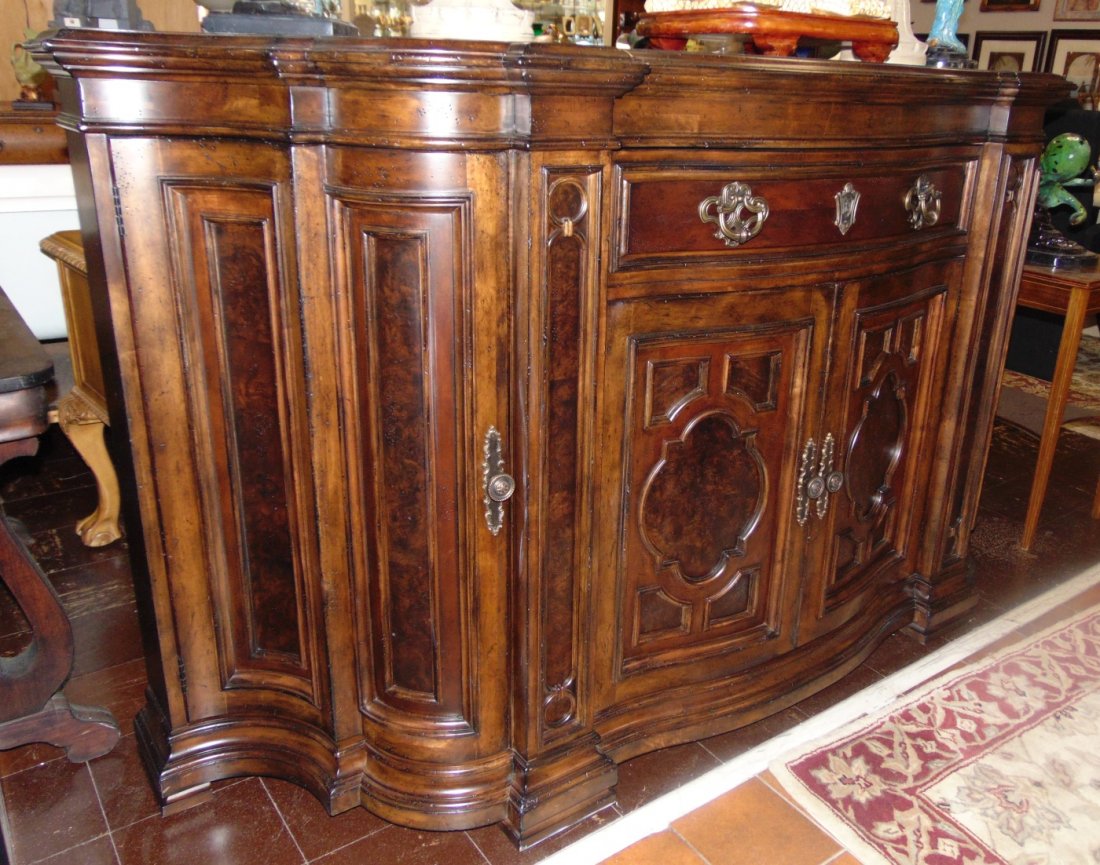 Large Bernhardt Buffet: Large Bernhardt 4 Door Buffet. Like New Condition. Measures 47" tall x 82" wide x 23" deep. Behind each end door is two adjustable shelves. The center top drawer has a silverware storage rack. Several