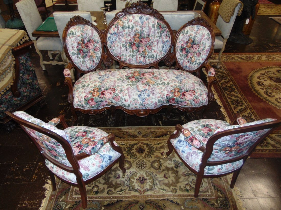 Victorian Sofa 2 Arm Chairs Ralph Lauren Fabric: Beautiful 19th century Victorian Carved Walnut Sofa and 2 Arm Chairs with new Ralph Lauren Fabric. Floral Design. Sofa measures 47" tall x 69" wide x 34" deep. Chairs each measure 39" tall x 24" wide 
