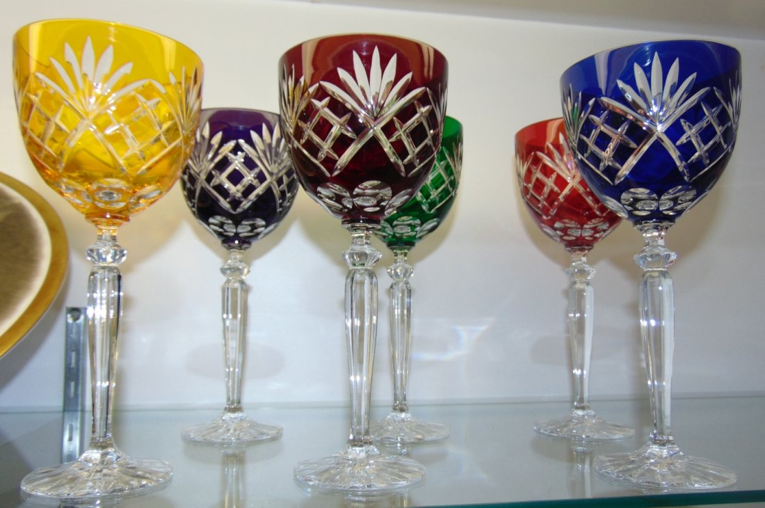 6 Multi-Color Bohemian Cut Crystal Wine Glasses: Beautiful Set of 6 Multi-Color Bohemian Cut to Clear Crystal Wine Glasses. Heavy and high quality European Leaded Crystal. Each measures 8-1/2" tall x 3-5/8" wide at rim. Condition is New, Mint. No Da