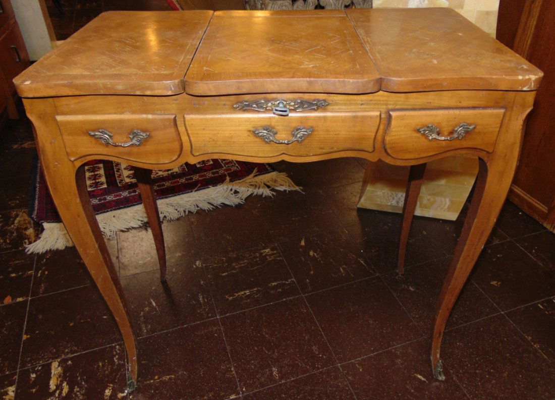 Petit Antique French Vanity Dressing Table: Petit French Style Vanity Dressing Table with Mirror. Measures 27-1/2" tall x 27-1/2" wide x 13" deep. Overall condition is good with minor wear. Several Shipping Options Available.