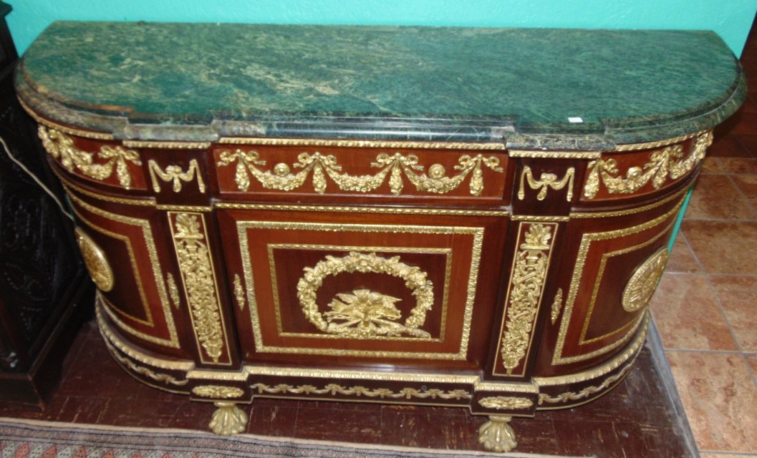 Louis XVI Style Commode with Marble Top: Louis XVI Style Commode with Bronze mounts and Green Marble Top. 3 Drawers and 3 Cabinet Doors. Measures 36-1/2" tall x 64" wide x 20" deep. Condition is good. No damage. Several Shipping Options Avai