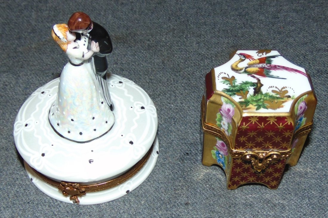 2 Limoge Collectible Boxes: 2 Authentic Limoge Porcelain Collectible Pill Boxes. Hand Painted. Made in France. Bottom is marked. Condition is Like New. Very good. No Damage. Several Shipping Options Available.