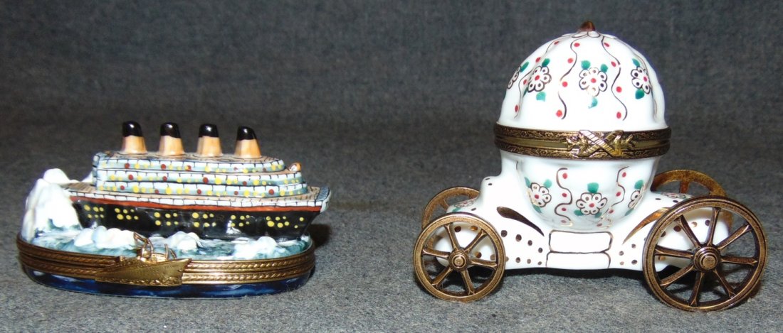 2 Limoge Collectible Boxes: 2 Authentic Limoge Porcelain Collectible Pill Boxes. Hand Painted. Made in France. Bottom is marked. Condition is Like New. Very good. No Damage. Several Shipping Options Available.