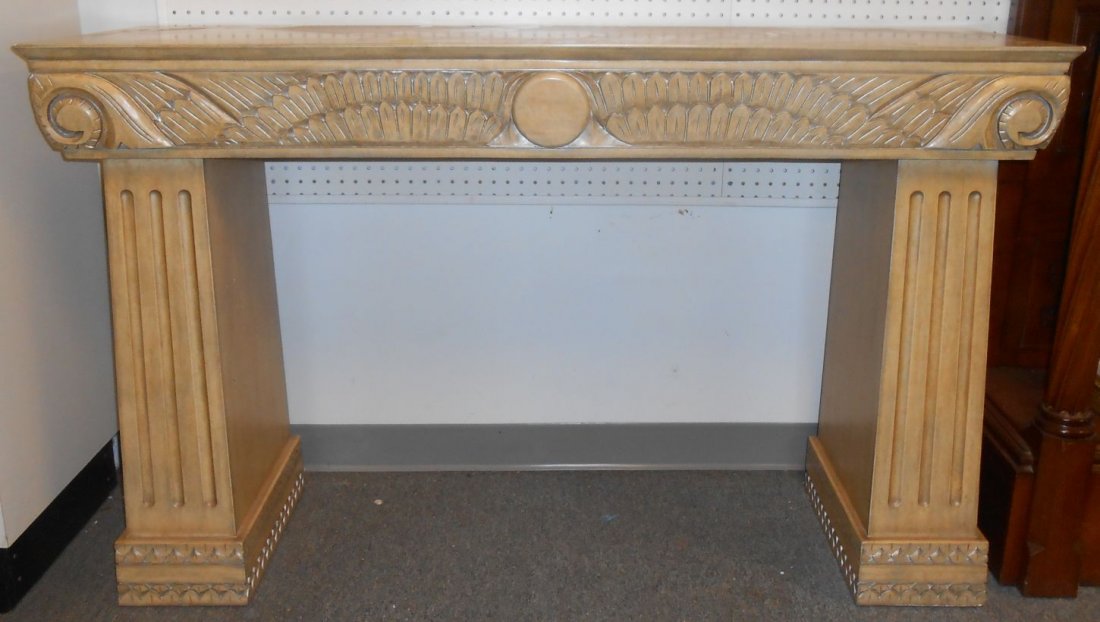 Art Deco Style 2 Sided Console Table: Art Deco Style Console Table. Carved on both sides. Stands 35" tall x 57" wide x 17" deep. Condition is very good with minor surface scratches from age. No damage.