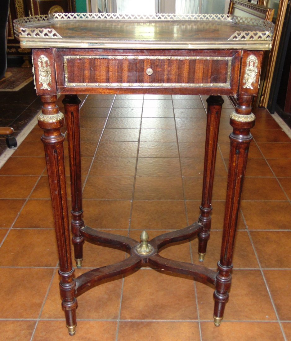 Antique Inlaid Side Table: Antique Inlaid 1 Drawer Side Table with Gallery. Measures 28" tall x 20" wide x 12-1/2" deep. Overall condition is good to fair. Wear consistent with age and use. Several Shipping Options Available.
