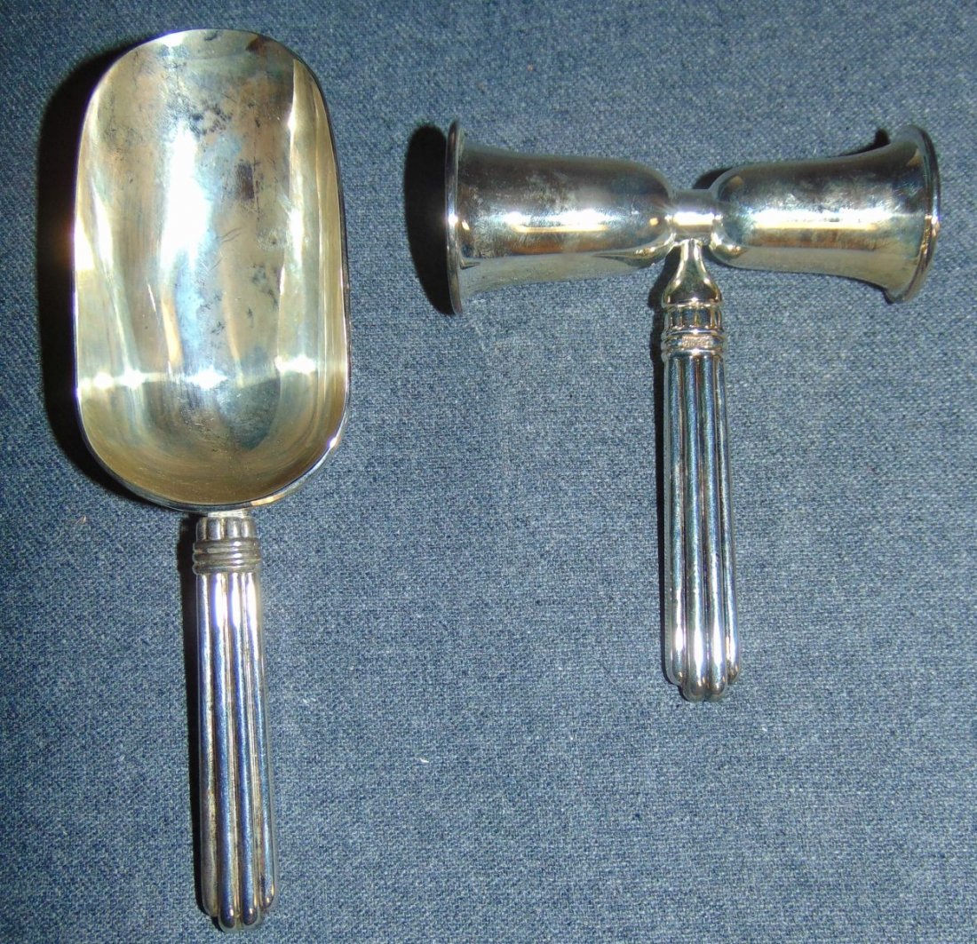 Godinger 2 piece Silver Plated Bar Set: Godinger 2 piece Silver Plated Bar Set in Original Fitted Velvet Case. Originally sold for Saks Fifth Ave. Box measures 9" x 8-1/2". Condition is very good. Like New. No damage. Marked "Godinger Silve