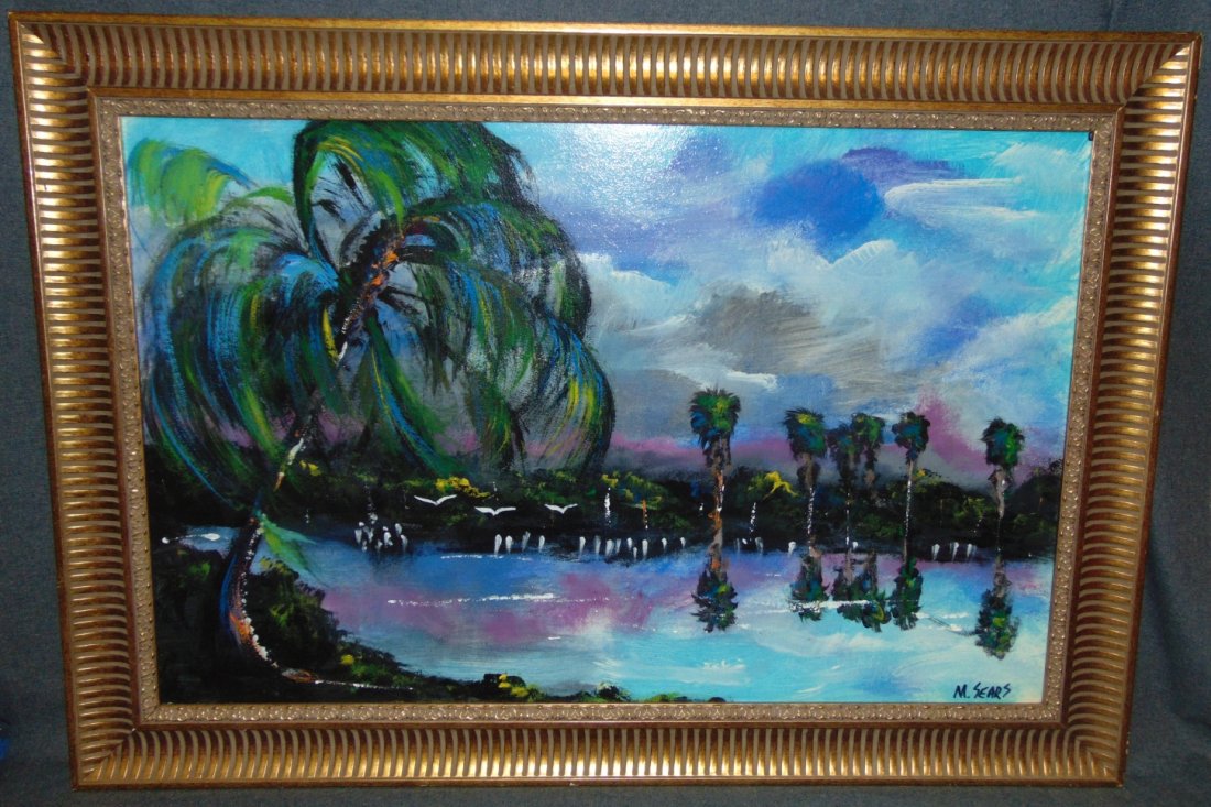 Original Florida Highwayman Painting by Michael Sears: Original, modern-day Florida Highwayman painting by contemporary artist, Micheal Sears. Large Oil on Masonite. Nicely framed. Artist Signed. Measures 31" tall x 44" wide. Condition is very good. No Da
