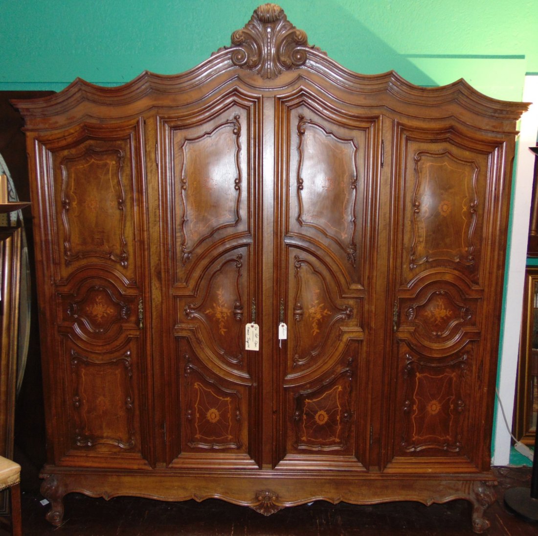 Antique French 4 Door Armoire Wardrobe: Magnificent Antique Country French Inlaid 4 Door Armoire Wardrobe. Circa 1880. Measures 93" tall x 87" wide x 25" deep. Large, open interior. Overall condition is good. Wear consistent with age and us